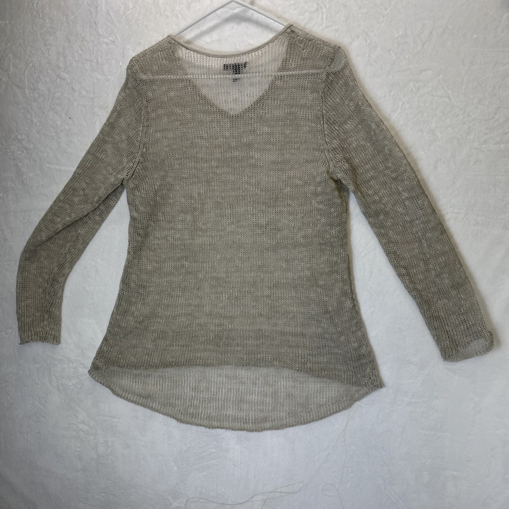 EILEEN FISHER Sweater Medium Beige Open-Weave Tunic Linen Blend Leather Trim - Picture 2 of 10